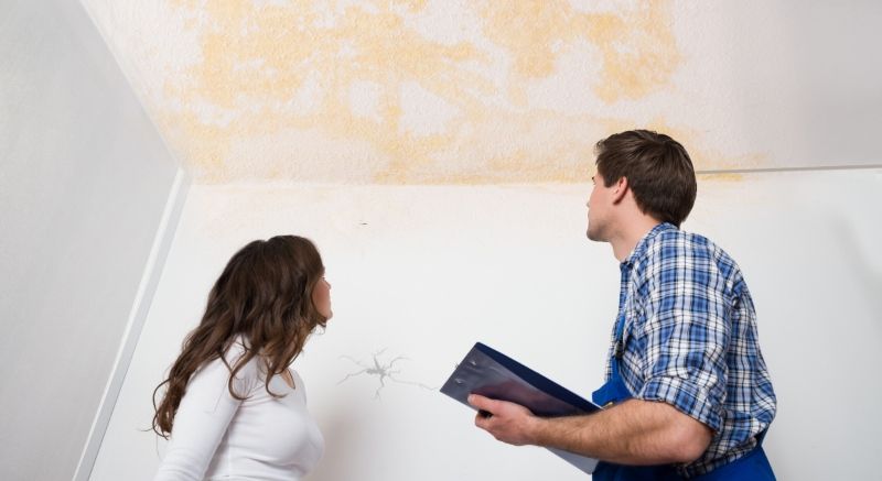 Woman and Technician Staring at Water Stain on Ceiling